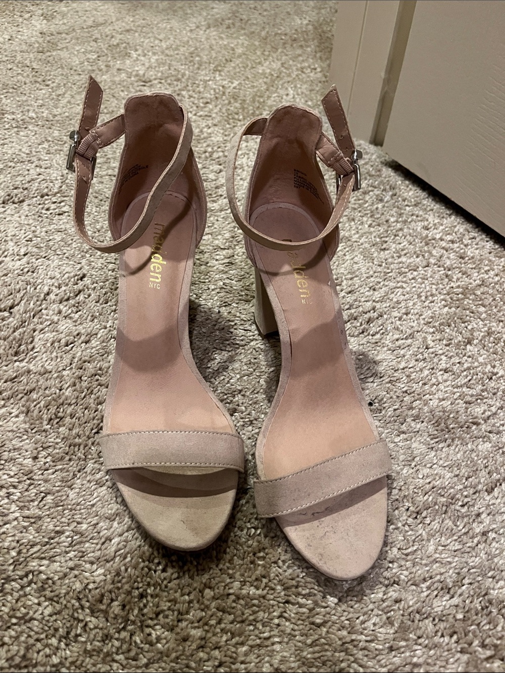 Madden NYC Nude Ankle-Strap Block Heel Sandals
